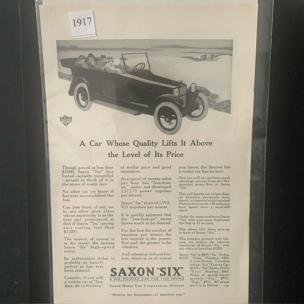 Vintage 1917 Saxon Six Quality Lifts It Above It's Price Ad Advertisement